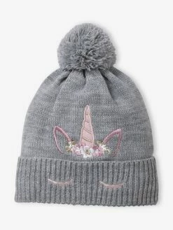 Bonnet Brodé Licorne Fille En Maille Gris Chiné - Vertbaudet