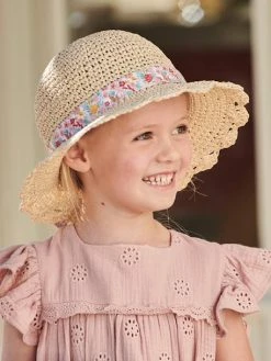 Chapeau Aspect Paille Effet Crochet Avec Ruban Imprimé Fille Sable - Vertbaudet