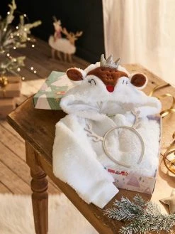 Coffret De Noël Fille Sweat à Capuche Biche Et Serre-tête Pailleté Ivoire - Vertbaudet