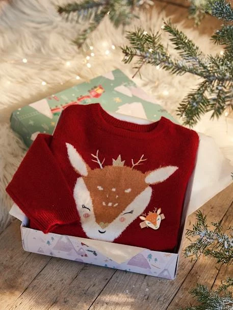 Coffret De Noël Pull Fille Motif Biche Et Barrette Assortie Rouge - Vertbaudet 1 Coffret De Noël Pull Fille Motif Biche Et Barrette Assortie Rouge - Vertbaudet