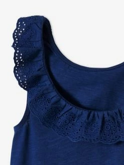Débardeur Fille Col Volanté En Broderie Anglaise Bleu - Vertbaudet -cyrillus boutique debardeur fille col volante en broderie anglaise 2