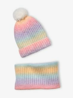 Ensemble Bonnet Et Snood Arc-en-ciel Fille Bleu Clair Bicolor/multicolor - Vertbaudet