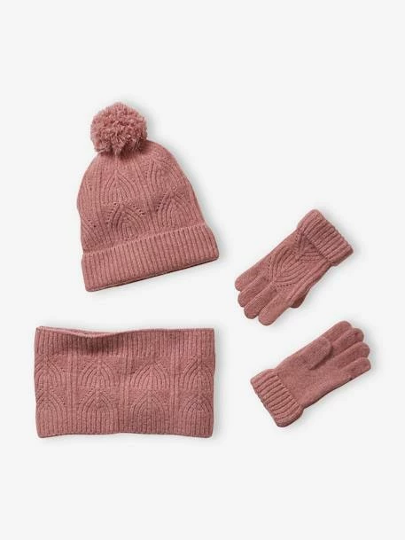 Ensemble Bonnet + Snood + Moufles En Maille Torsadée Mousseuse Rose - Vertbaudet 1 Ensemble Bonnet + Snood + Moufles En Maille Torsadée Mousseuse Rose - Vertbaudet