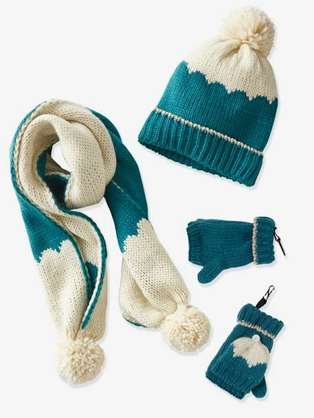 Ensemble Fille Bonnet + écharpe + Moufles/mitaines Bleu - Vertbaudet 2 Ensemble Fille Bonnet + écharpe + Moufles/mitaines Bleu - Vertbaudet – Image 2