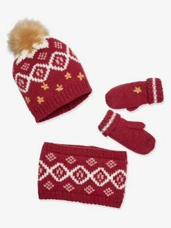 Ensemble Fille Bonnet + Snood + Gants Jacquard Framboise - Vertbaudet