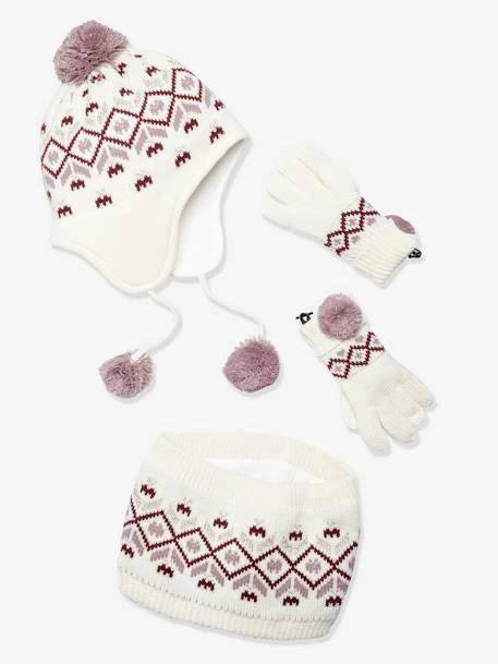 Ensemble Fille Bonnet + Snood + Gants Jacquard écru - Vertbaudet 3 Ensemble Fille Bonnet + Snood + Gants Jacquard écru - Vertbaudet – Image 3