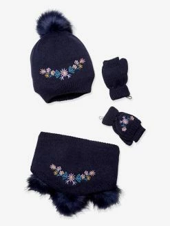 Ensemble Fille Bonnet + Snood + Mitaines Brodé Fleurs Encre - Vertbaudet