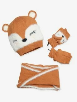 Ensemble Fille Bonnet + Snood + Mitaines Ours Beige - Vertbaudet