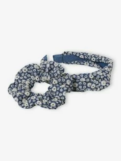 Ensemble Serre-tête + Choucou Broderie Anglaise Fille Bleu Jean - Vertbaudet
