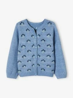 Gilet Jacquard Fille Motifs Fleurs Rehaussés De Fil Brillant Bleu - Vertbaudet