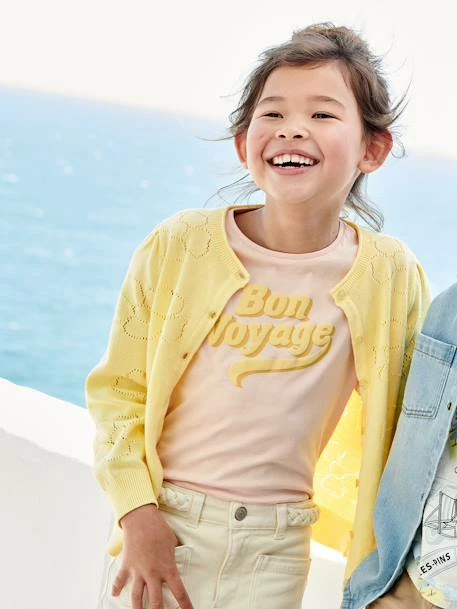 Gilet Maille Ajourée Motifs Fleurs Fille Jaune - Vertbaudet 2 Gilet Maille Ajourée Motifs Fleurs Fille Jaune - Vertbaudet – Image 2