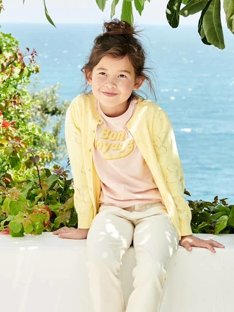 Gilet Maille Ajourée Motifs Fleurs Fille Jaune - Vertbaudet 3 Gilet Maille Ajourée Motifs Fleurs Fille Jaune - Vertbaudet – Image 3