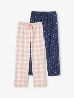 Lot De 2 Bas De Pyjamas En Flanelle Fille Lot Carreaux Rose Thé Et Bleu - Vertbaudet