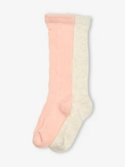 Lot De 2 Paires De Chaussettes Hautes Ajourées Fille Lot Rose Poudré - Vertbaudet