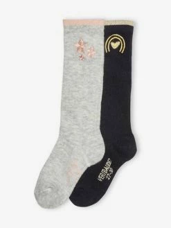 Lot De 2 Paires De Chaussettes Hautes Fille En Maille Cotelée Et Motif Lurex Lot Encre - Vertbaudet
