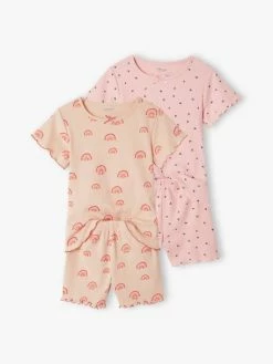 Lot De 2 Pyjashorts Fille Imprimés En Maille Côtelée Rose Poudré - Vertbaudet
