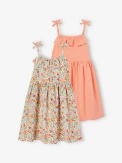 Lot De 2 Robes Basics à Bretelles Fille 1 Imprimée + 1 Unie Corail - Vertbaudet