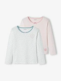 Lot De 2 T-shirts Coeurs Manches Longues Fille Lot Ivoire - Vertbaudet