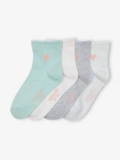 Lot De 4 Paires De Mi-chaussettes Brodées Coeur Scintillant Fille Rose Poudré - Vertbaudet