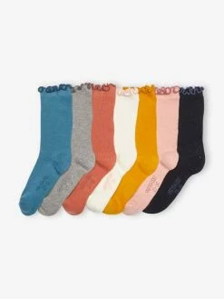 Lot De 7 Paires De Chaussettes Bicolores Fille BASICS Lot Bleu Ardoise Foncé - Vertbaudet