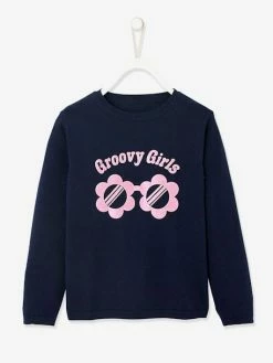 Pull à Message Basics Fille Message Irisé En Relief Vert - Vertbaudet