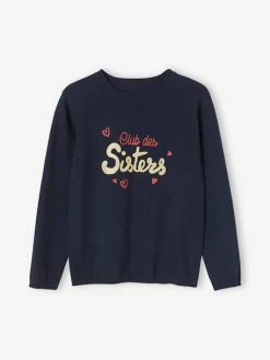 Pull à Message Basics Fille Message Irisé En Relief Vert - Vertbaudet -cyrillus boutique pull a message basics fille message irise en relief 3