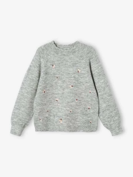 Pull Brodé Fleurs Fille Gris Chiné - Vertbaudet 1 Pull Brodé Fleurs Fille Gris Chiné - Vertbaudet