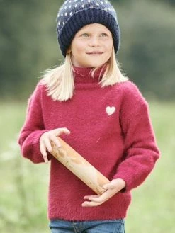 Pull Col Roulé En Maille Douillette Fille Framboise - Vertbaudet