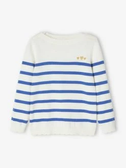 Pull Marinière Fille Détails Festonnés Rayé Bleu - Vertbaudet