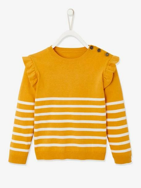 Pull Marinière Volanté Fille Jaune D'or Rayé - Vertbaudet 1 Pull Marinière Volanté Fille Jaune D'or Rayé - Vertbaudet