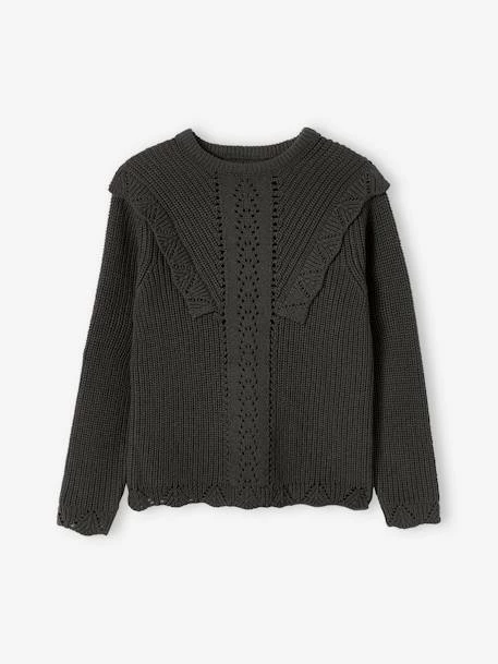 Pull Volanté Maille Fantaisie Fille Kaki - Vertbaudet 1 Pull Volanté Maille Fantaisie Fille Kaki - Vertbaudet