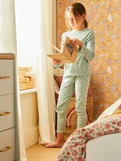 Pyjama Fille Fleuri En Maille Côtelée Light Sauge - Vertbaudet
