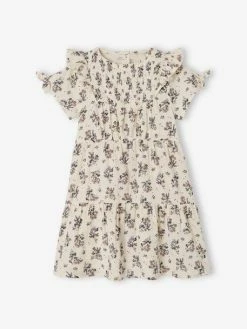 Robe à Smocks Motifs Fleurs Fille Beige Imprimé - Vertbaudet