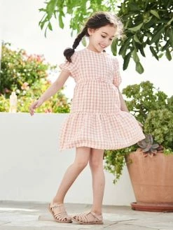 Robe à Volant Fille Manches 3/4 Corail - Vertbaudet