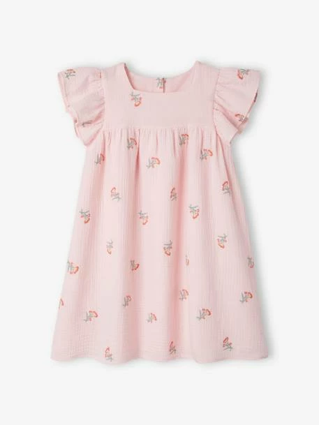 Robe Brodée Fleurs En Gaze De Coton Fille Rose - Vertbaudet 2 Robe Brodée Fleurs En Gaze De Coton Fille Rose - Vertbaudet – Image 2