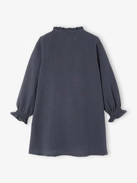 Robe Brodée Fleurs Fille En Gaze De Coton Gris - Vertbaudet 2 Robe Brodée Fleurs Fille En Gaze De Coton Gris - Vertbaudet – Image 2