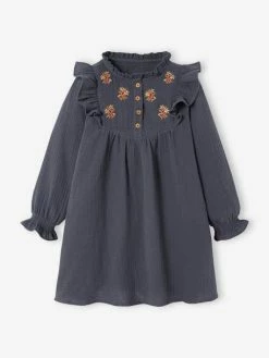 Robe Brodée Fleurs Fille En Gaze De Coton Gris - Vertbaudet