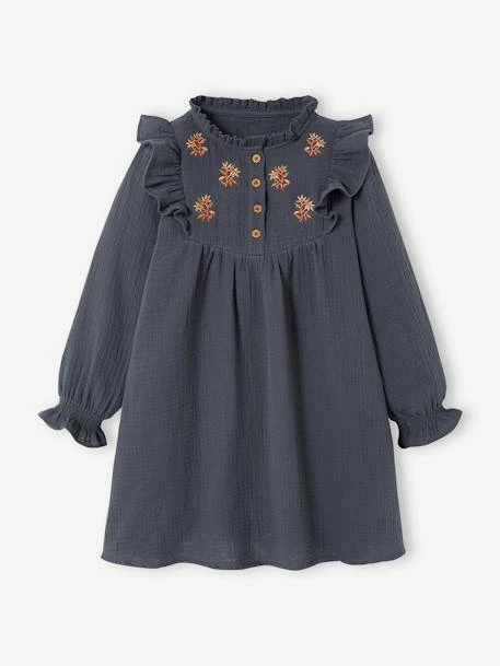 Robe Brodée Fleurs Fille En Gaze De Coton Gris - Vertbaudet 1 Robe Brodée Fleurs Fille En Gaze De Coton Gris - Vertbaudet