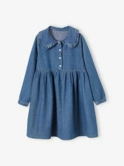 Robe Col Claudine En Denim Fille Denim Brut - Vertbaudet