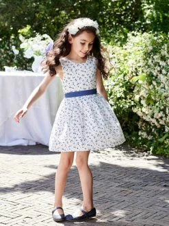Robe De Cérémonie à Fleurs Et Plumetis Fille Ceinture Nouée Au Dos écru - Vertbaudet