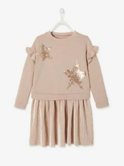 Robe De Fête Bi-matière Fille Motifs En Sequins Rose - Vertbaudet