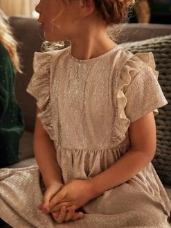 Alternative view of Robe De Fête En Tissu Lamé Fantaisie Fille Beige Irisé - Vertbaudet