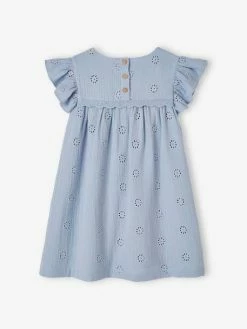 Alternative view of Robe En Gaze De Coton Brodée Fleurs Fille Bleu Pâle - Vertbaudet