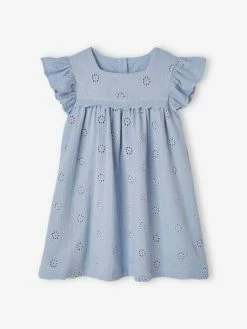 Robe En Gaze De Coton Brodée Fleurs Fille Bleu Pâle - Vertbaudet
