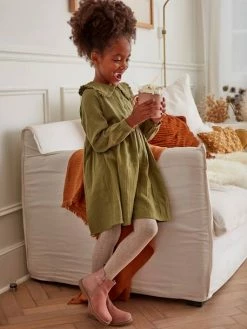 Robe En Gaze De Coton Fille Kaki - Vertbaudet