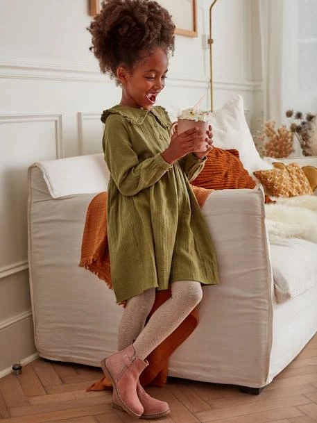 Robe En Gaze De Coton Fille Kaki - Vertbaudet 1 Robe En Gaze De Coton Fille Kaki - Vertbaudet