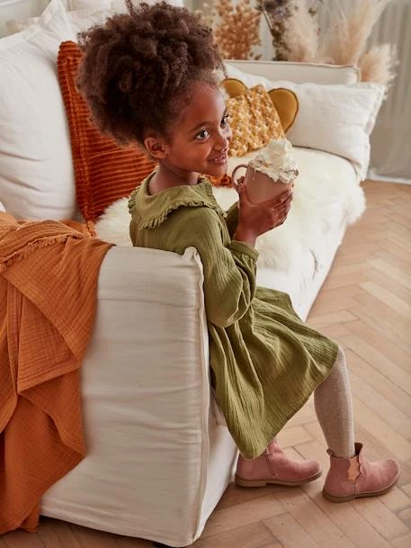 Robe En Gaze De Coton Fille Kaki - Vertbaudet 2 Robe En Gaze De Coton Fille Kaki - Vertbaudet – Image 2