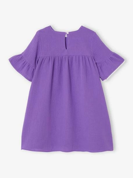Robe En Gaze De Coton Manches 3/4 Volantées Fille Violet - Vertbaudet 2 Robe En Gaze De Coton Manches 3/4 Volantées Fille Violet - Vertbaudet – Image 2