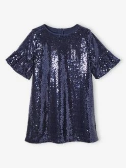 Robe En Sequins Fille Manches Volantées Marine - Vertbaudet