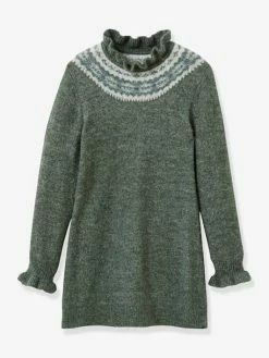 Robe Jacquard Fille CYRILLUS En Tricot Vert Chiné - Cyrillus